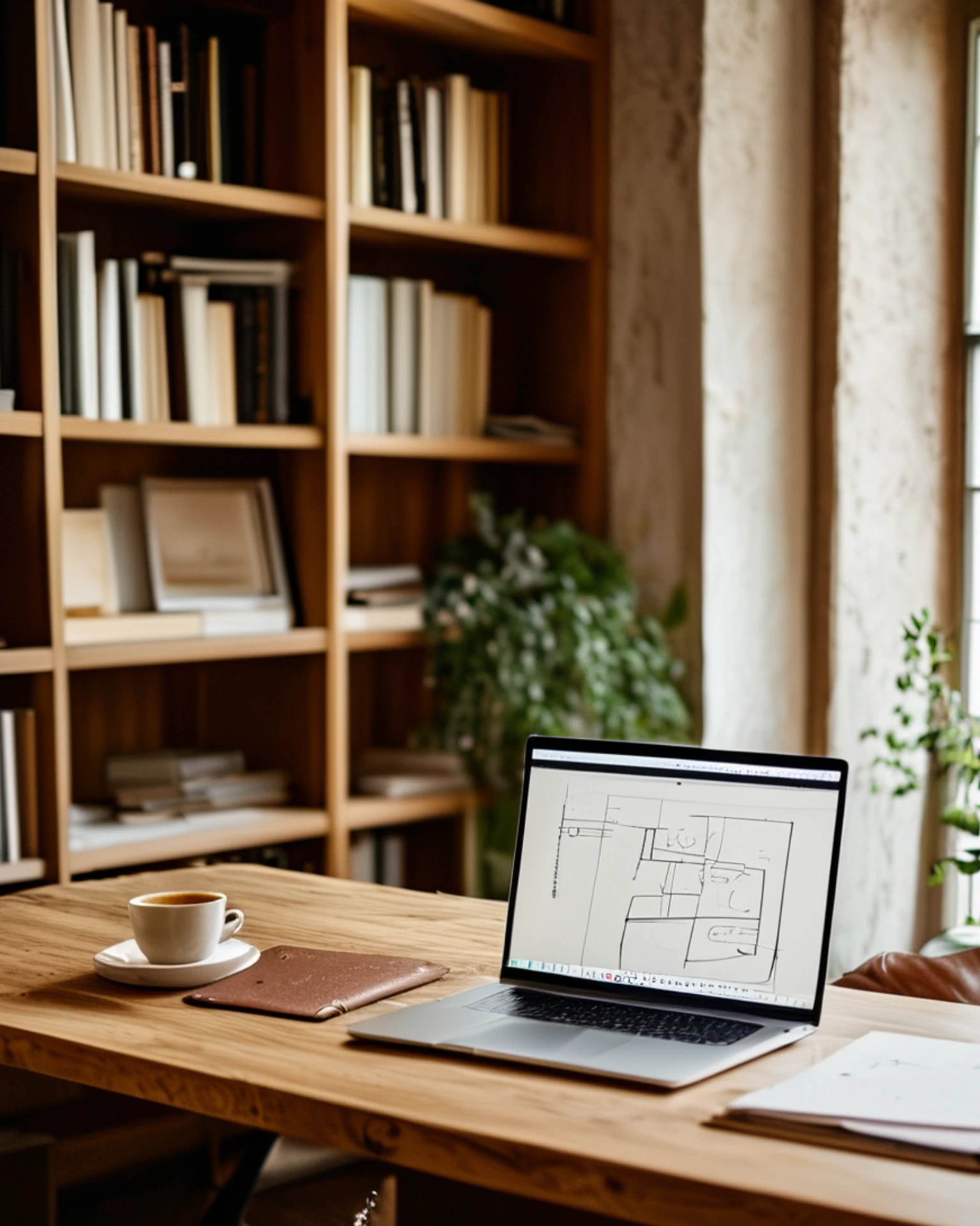 Arbeitsplatz in einem Münchner Altbau mit Laptop, Notizbuch und Kaffee