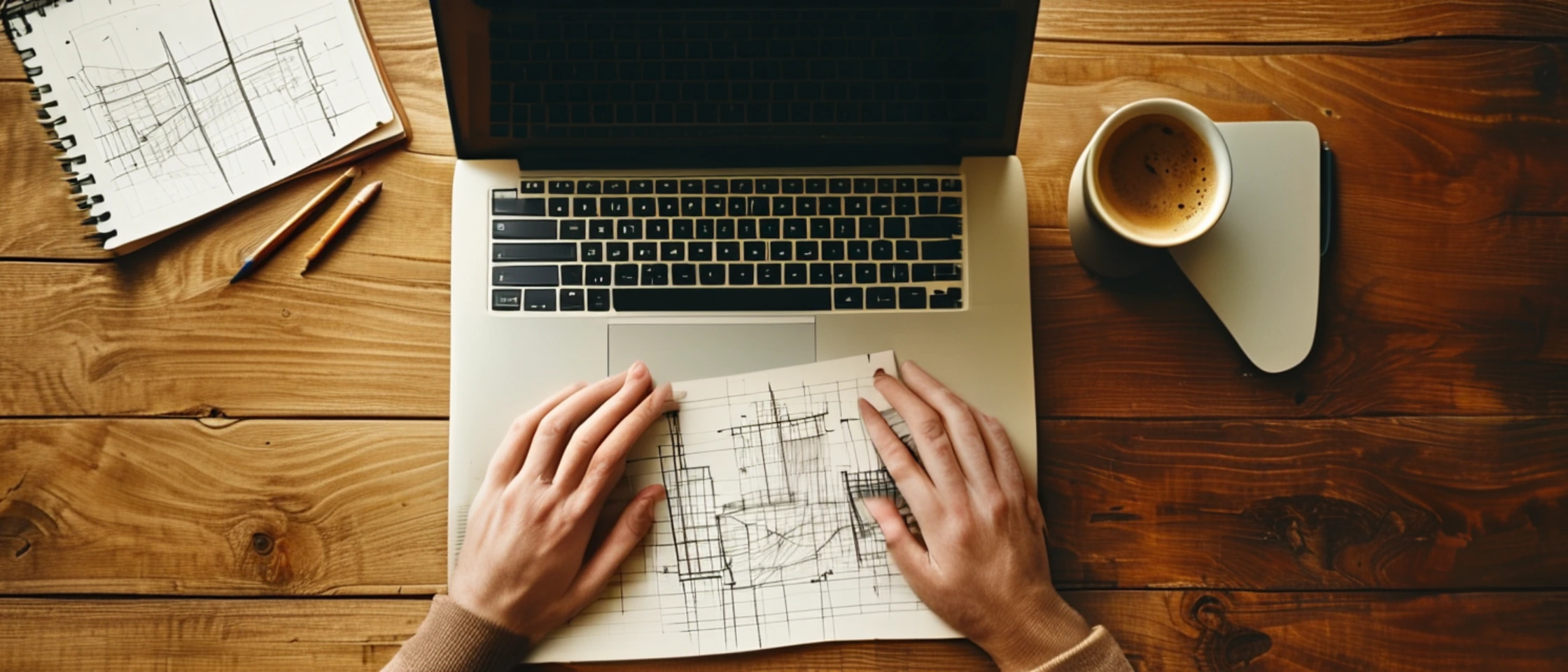 Hände am Laptop neben einem Notizbuch mit handgezeichneten Wireframes